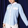 Pocket Flap Striped Short Shirt Baby Blue
