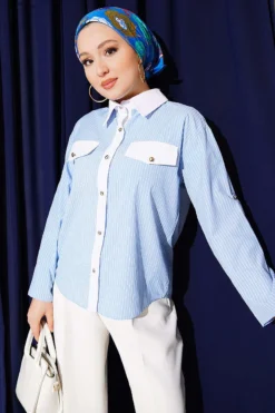Pocket Flap Striped Short Shirt Blue Großhandel shirt view 5 - Hicabistan Türkei Fabrik