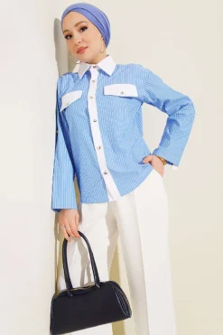Pocket Flap Striped Short Shirt Blue Großhandel shirt - Hicabistan Türkei Fabrik
