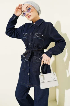 Alternative view of Stone-Embellished Belted Denim Two-Piece Set