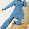 Stone-Embellished Belted Denim Two-Piece Set Blue