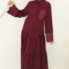 Pocket and Wrist Embroidered Crinkled Skirt Set Burgundy en gros clothing set - Hicabistan usine Turquie