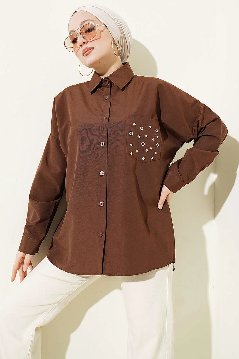 Pocket Studded Basic Shirt Brown