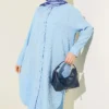 Pocket Tree Bark Long Loose Shirt Blue all'ingrosso shirt - Hicabistan fabbrica Turchia