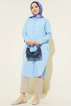 Alternative view of Pocket Tree Bark Long Loose Shirt Blue
