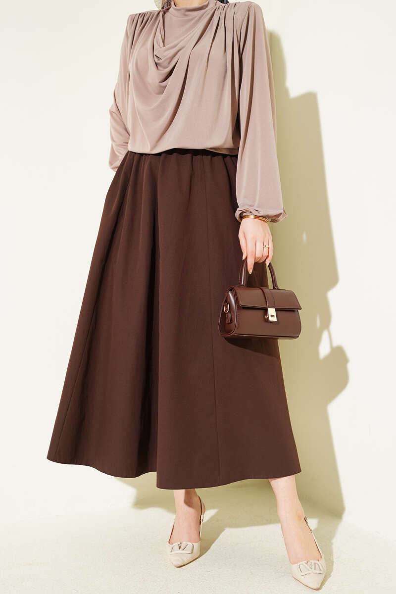 Pocketed Elastic Waist Straight Skirt Brown al por mayor skirt - Hicabistan fábrica Turquía