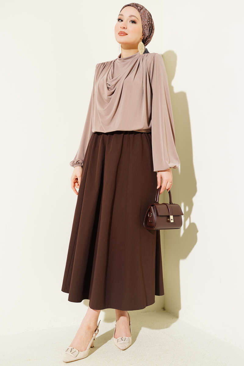 Pocketed Elastic Waist Straight Skirt Brown al por mayor skirt view 2 - Hicabistan fábrica Turquía