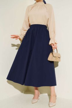 Pocketed Elastic Waist Straight Skirt Navy Blue wholesale skirt - Hicabistan Turkey factory