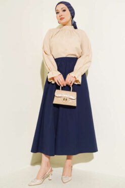 Pocketed Elastic Waist Straight Skirt Navy Blue wholesale skirt view 2 - Hicabistan Turkey factory