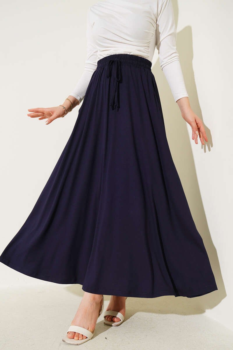 Pocketed Flared Elastic Waist Skirt Navy Blue بالجملة skirt - Hicabistan مصنع تركيا