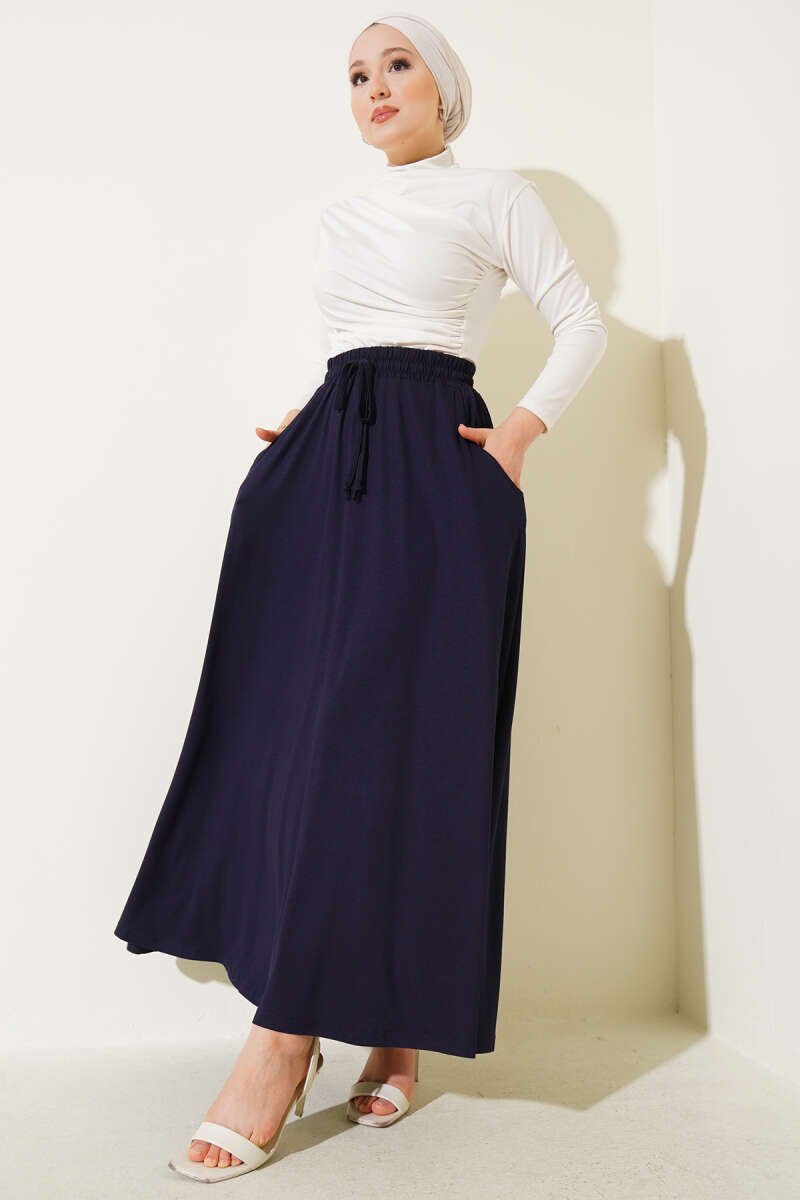 Pocketed Flared Elastic Waist Skirt Navy Blue بالجملة skirt view 2 - Hicabistan مصنع تركيا