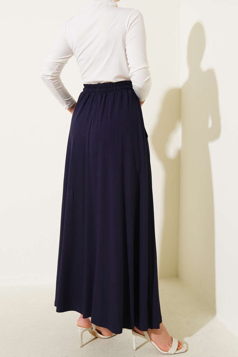 Pocketed Flared Elastic Waist Skirt Navy Blue بالجملة skirt view 3 - Hicabistan مصنع تركيا