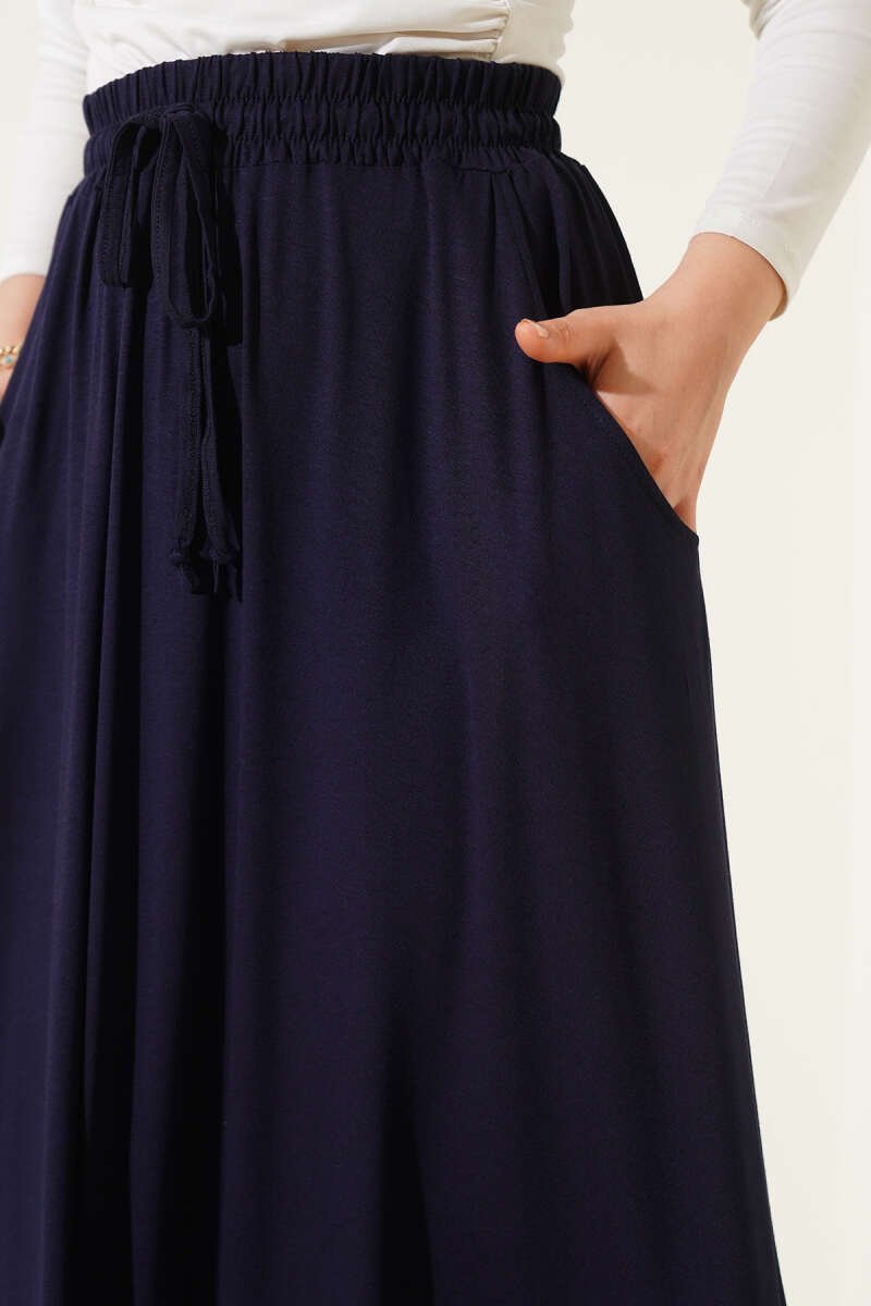 Pocketed Flared Elastic Waist Skirt Navy Blue بالجملة skirt view 4 - Hicabistan مصنع تركيا