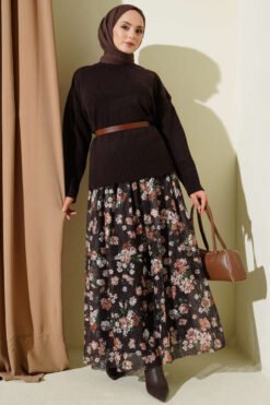 Floral Printed Lace Skirt Brown wholesale skirt view 2 - Hicabistan Turkey factory