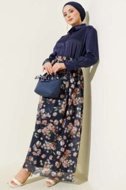 Floral Printed Lace Skirt Navy Blue wholesale skirt view 2 - Hicabistan Turkey factory