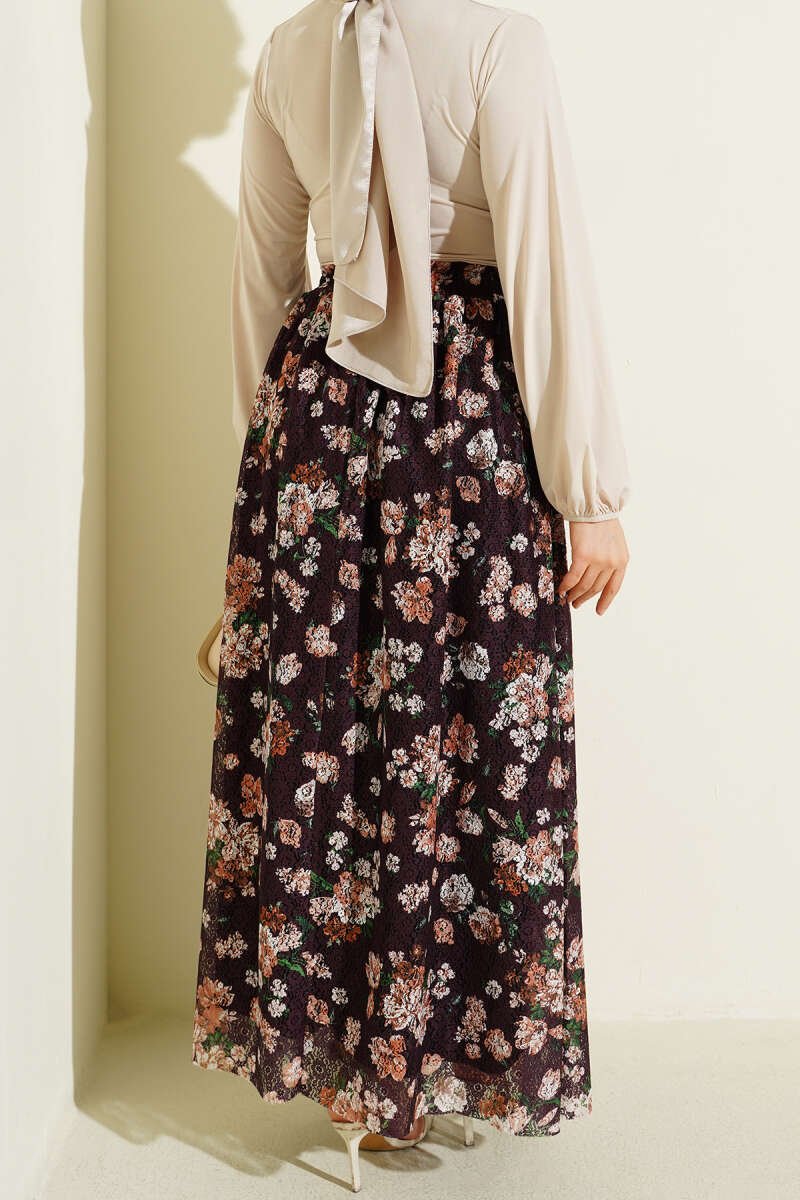Floral Printed Lace Skirt Plum all'ingrosso skirt view 3 - Hicabistan fabbrica Turchia