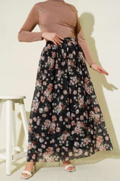 Floral Printed Lace Skirt Black wholesale skirt - Hicabistan Turkey factory