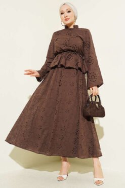Floral Embroidered Ruffled Skirt Set Brown