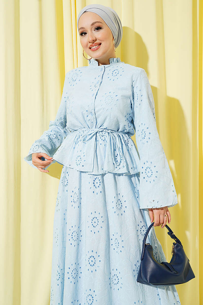 Floral Embroidered Ruffled Skirt Set Blue بالجملة clothing set view 2 - Hicabistan مصنع تركيا