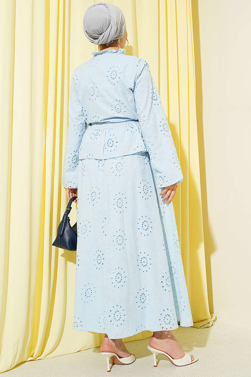 Floral Embroidered Ruffled Skirt Set Blue بالجملة clothing set view 3 - Hicabistan مصنع تركيا