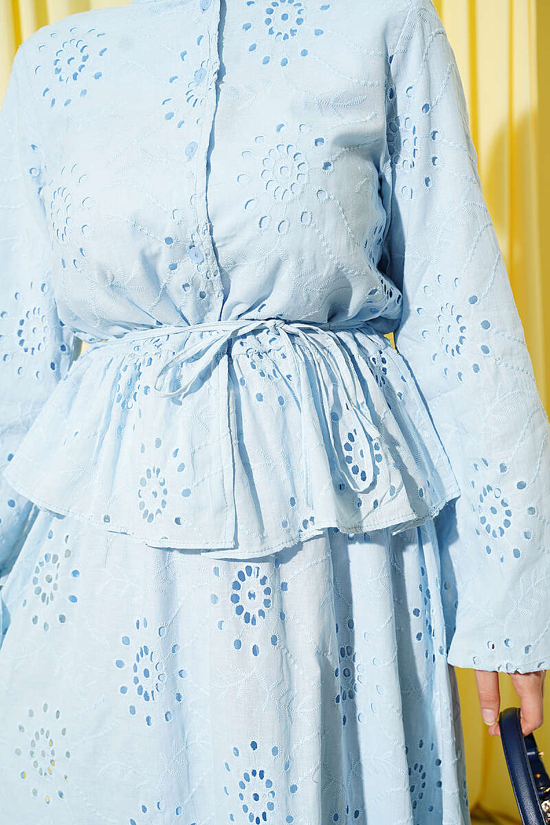 Floral Embroidered Ruffled Skirt Set Blue بالجملة clothing set view 4 - Hicabistan مصنع تركيا