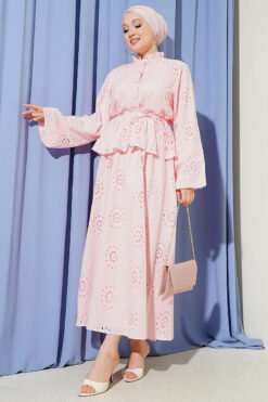 Floral Embroidered Ruffled Skirt Set Pink