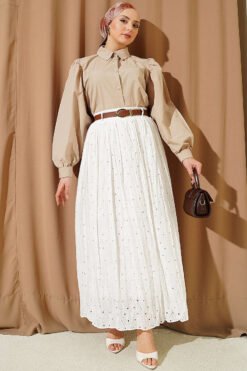 Vista alternativa de Flower Embroidered Belted Skirt Ecru