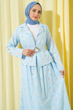 Floral Embroidered Belted Skirt Set Baby Blue wholesale clothing set view 2 - Hicabistan Turkey factory