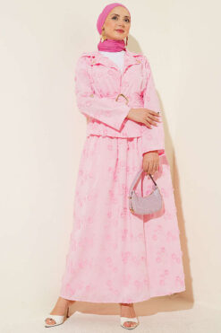 Floral Embroidered Belted Skirt Set Pink wholesale clothing set view 2 - Hicabistan Turkey factory