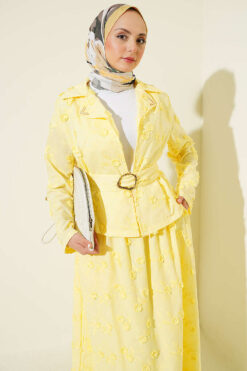 Floral Embroidered Belted Skirt Set Yellow wholesale clothing set view 2 - Hicabistan Turkey factory