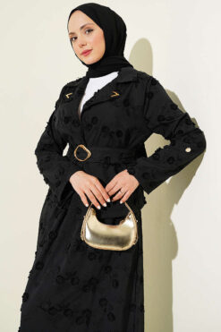 Floral Embroidered Belted Skirt Set Black wholesale clothing set view 2 - Hicabistan Turkey factory