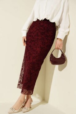 Floral Lace Tulle Pencil Skirt Burgundy wholesale skirt - Hicabistan Turkey factory