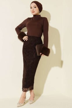 Floral Lace Tulle Pencil Skirt Brown wholesale skirt view 2 - Hicabistan Turkey factory