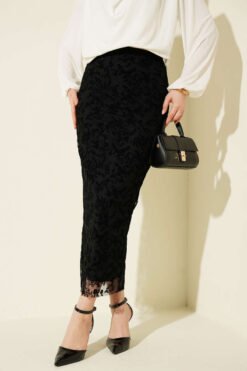 Floral Lace Tulle Pencil Skirt Black wholesale skirt - Hicabistan Turkey factory