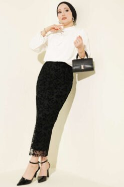 Floral Lace Tulle Pencil Skirt Black wholesale skirt view 2 - Hicabistan Turkey factory