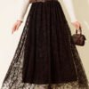 Floral Pattern Tulle Belted Skirt Brown