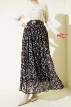 Floral Pleated Chiffon Skirt Black