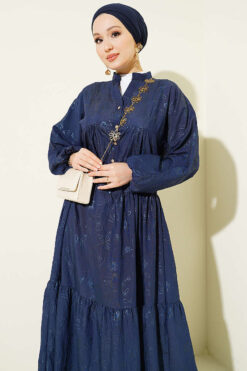Floral Half Button Dress Navy Blue wholesale dress view 2 - Hicabistan Turkey factory