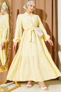 Floral Embossed Half Button Dress Yellow