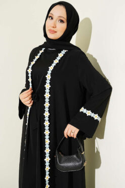 Alternative view of Floral Motif Belted Abaya Black