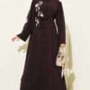 Flower Embroidered Hidden Button Abaya Brown