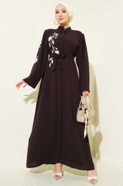 Flower Embroidered Hidden Button Abaya Brown
