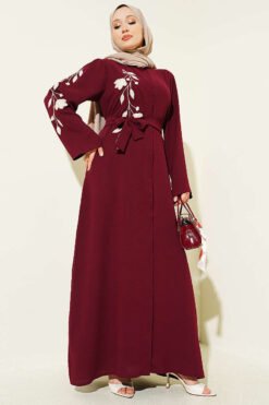 Flower Embroidered Hidden Button Abaya Burgundy