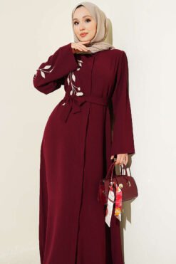 Alternative Ansicht von Flower Embroidered Hidden Button Abaya Burgundy