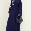Flower Embroidered Hidden Button Abaya Navy Blue