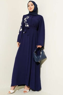 Flower Embroidered Hidden Button Abaya Navy Blue