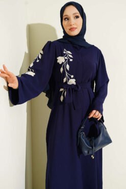 Alternative Ansicht von Flower Embroidered Hidden Button Abaya Navy Blue