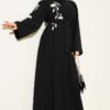 Flower Embroidered Hidden Button Abaya Black