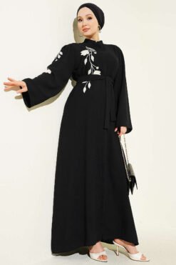 Flower Embroidered Hidden Button Abaya Black