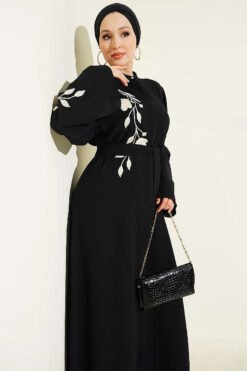 Alternative Ansicht von Flower Embroidered Hidden Button Abaya Black